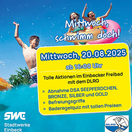 Drei Kinder mit Schwimmreifen springen ins Wasser, Text: 'Mittwoch, schwimm doch! Mittwoch, 20.08.2025 ab 16:00 Uhr, Tolle Aktionen im Einbecker Freibad mit dem DLRG, Abnahme DSA Seepferdchen Bronze, Silber und Gold, Befreiungsgriffe, Baderegelquiz mit tollen Preisen