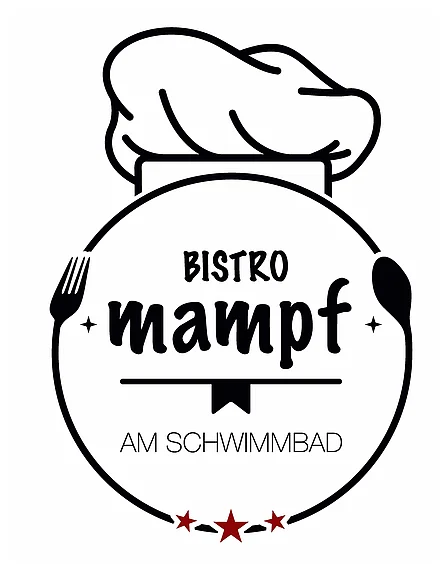 Logo des Bistros Mampf am Schwimmbad mit einem Kochhut und einer Teller-Silhouette.